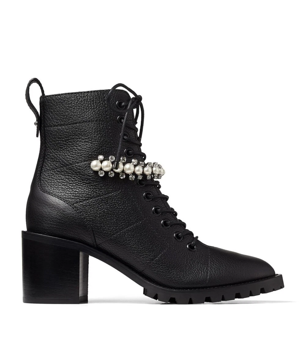 Jimmy Choo Black Cruz 65 Leather Combat Ankle Boots with Crystal Strap Size  38/8