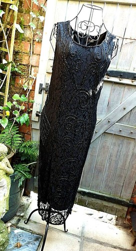 ALEXON vintage Hand Beaded Black on Black Shimmer Cocktail Dress size 12/14 - Picture 4 of 12