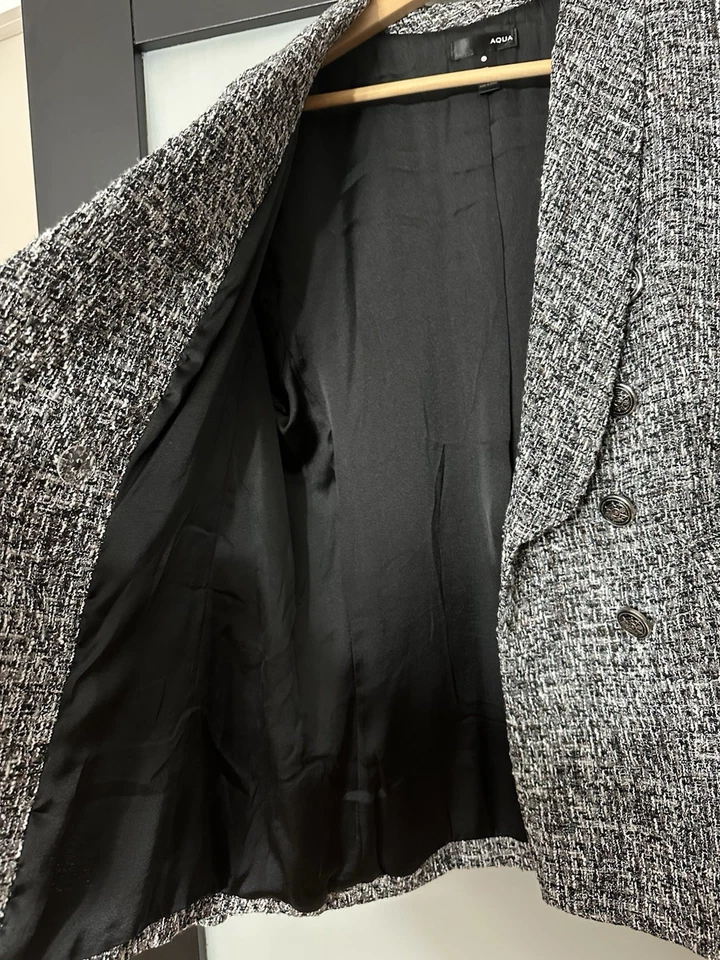 Blazer Aqua L Negro Gris Plateado Metálico Doble Pecho Tweed Blazer PRECIOSO Foto 3 de 4