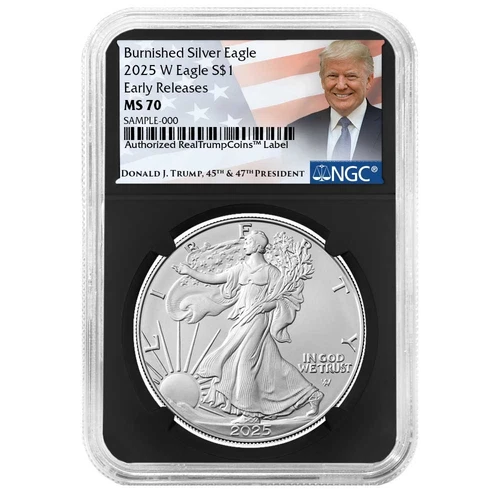 2025-W Burnished $1 American Silver Eagle NGC MS70 ER Trump Label Retro Core