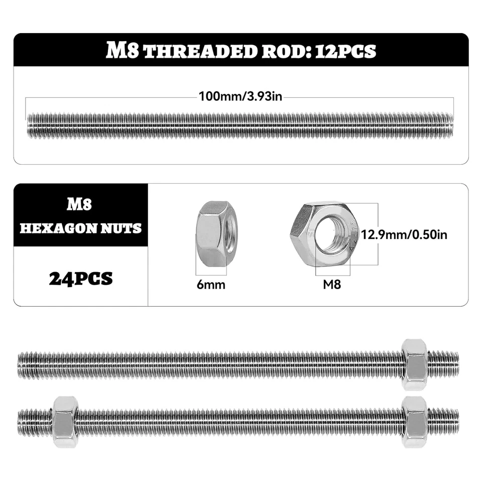 12 Pezzi Barra Filettata M8 × 100Mm Asta Filettata in Acciaio Inossidabile 304 B - Immagine 2 di 4