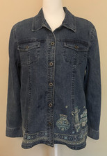 Women's Embroidered Denim Jacket Sz 10 Boho Cottagecore Retro Artsy Grandmacore
