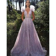 Purple Sequins Beaded Evening Dress V Neck Sleeveless Floor-Length Party Dresses