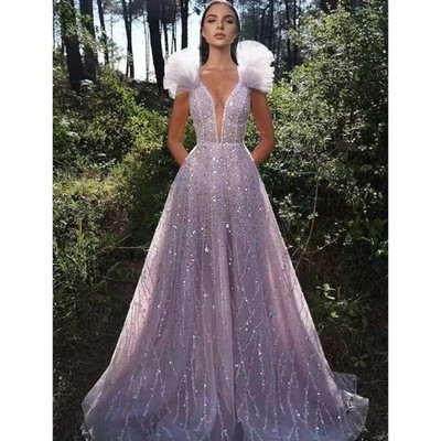 Purple Sequins Beaded Evening Dress V Neck Sleeveless Floor-Length Party Dresses