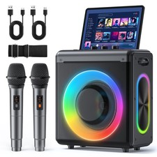 Karaoke Machine with 2 Wireless Rechargeable Microphones: Portable Bluetooth ...