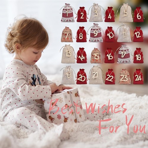 24PCS Christmas Advent Calendar Drawstring Bags Set, 24 Days Xmas Countdown Line - Picture 7 of 8