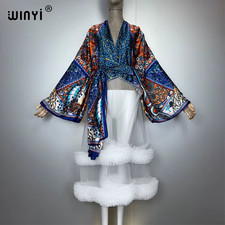 Kimono Women Print Lace Hemline Cardigan Long Sleeve Coat Abaya Dubai Luxury Bea