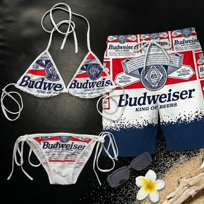 Vintage Budweiser Beer Swimwear Set, String Bikini and Shorts Couple All Size
