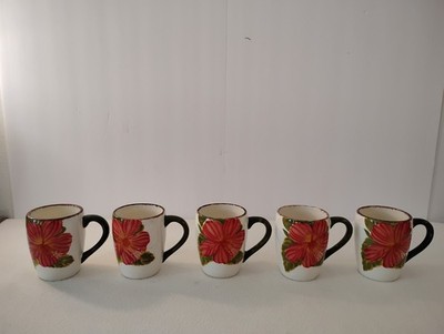 Set Of 5 Rare Clay Art Ceramic Coffee Mugs Hibiscus Glossy Finish