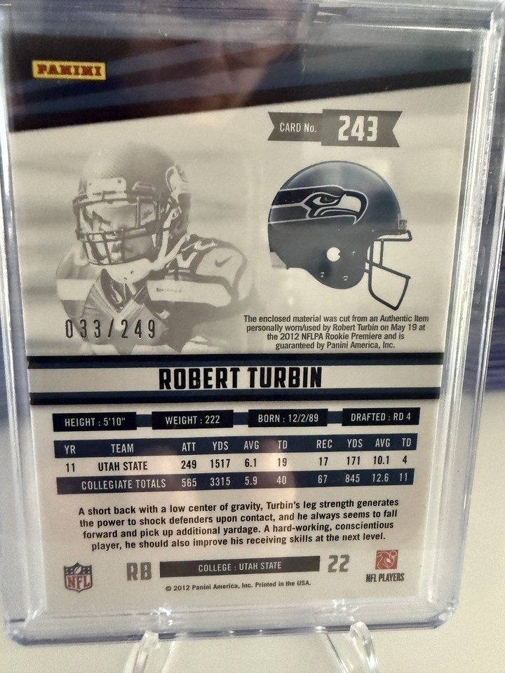 2012 Panini Rookies & Stars #243 Robert Turbin Longevity # & Stars #243 Robert Turbin Rookie Materials Longevity #/249