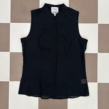 Akris Punto x Bergdorf Goodman Navy Blue Sleeveless Pleated Button Up Top Size 8