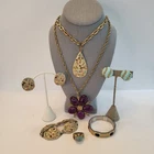 VTG 60s 70s 7 Piece Goldtone Jewelry Lot Trifari Sarah Cov Lucite Purple Blue