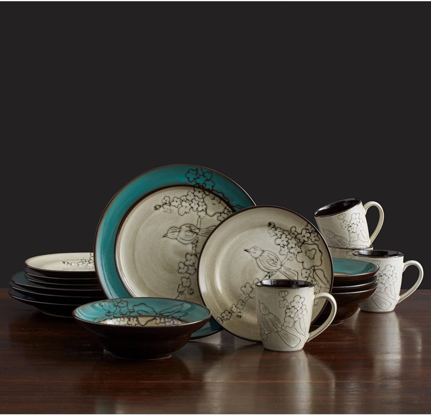 Mikasa Gourmet Basics Song Bird 16-Piece Dinnerware Set in Green & Gray