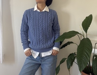 LL Bean 100% Cotton Cable Knit Sweater Blue Preppy Cottagecore Size Small