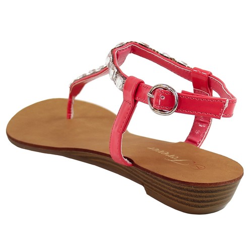 New women's shoes open toe sandals t strap rhinestone summer casual party Coral - Picture 3 of 10