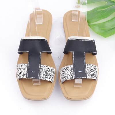 TOMS Women's Seacliff Sandal Size Slide Black White Leather Cruise Flip  Flop