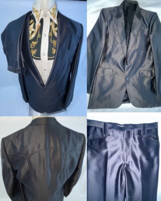 VTG 70S MENS 40 L CIRCLE S BLACK WETLOOK SLICK WESTERN COWBOY SUIT JACKET PANTS