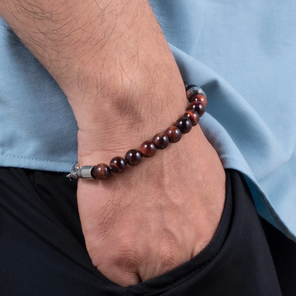 Brazalete de cuentas de acero inoxidable de ónix ojo de tigre rojo genuino de 8 mm para hombre de 8,5"" Foto 2 de 4