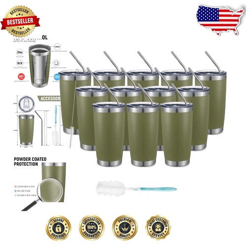 Durable Insulated Travel Coffee Cup with Lid & Straw, 12 Premium Mugs Army Green
