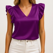 Purple Satin Tank Top V Neck Cami Ruffle Sleeve Camisole Blouses Summer Tank Top