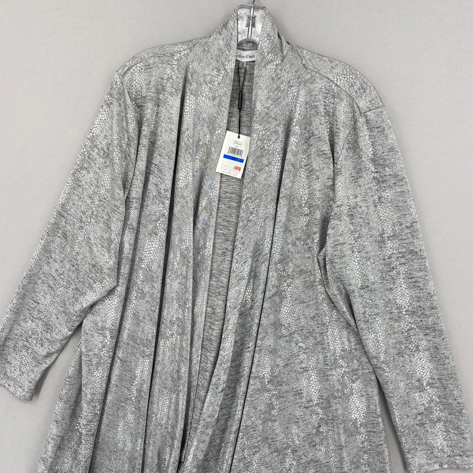 Nuevo con etiquetas Cárdigan Plumero Mujer Calvin Klein Plateado Piel de Serpiente Metálico Frente Abierto XL Foto 2 de 4