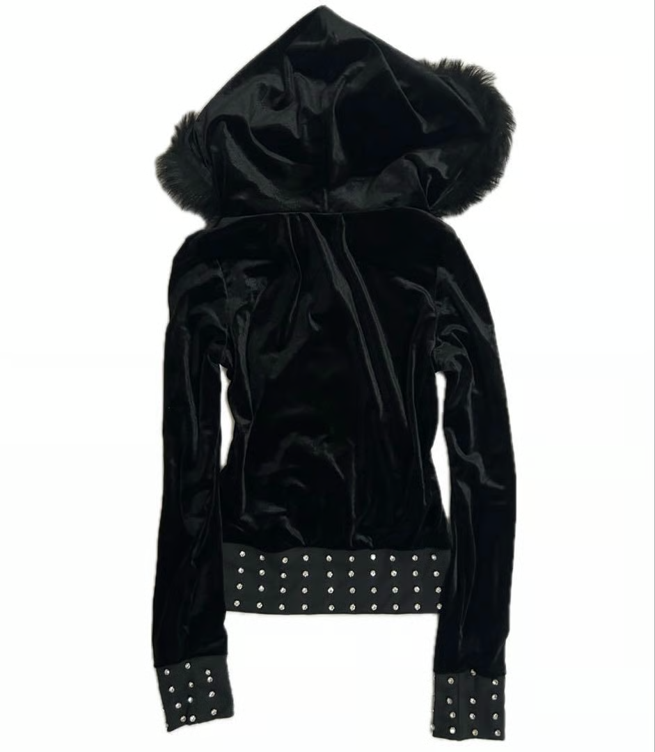 Rare Black Fur Hooded Y2K Zip Up Hoodie Streetwear Archive