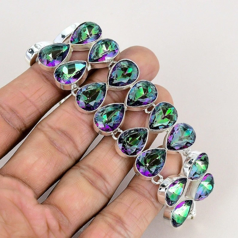 925 Sterling Silver Mystic Topaz Gemstone Handmade Jewelry Bracelet-8" - Image 2 of 4