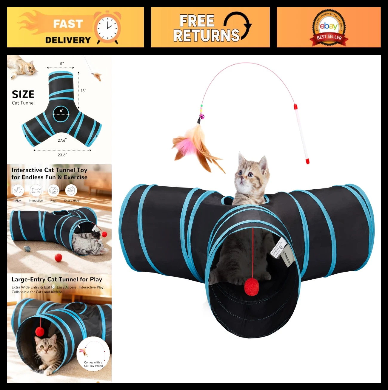 Collapsible 3-Way Cat Tunnel Tube Toy - Indoor Play for Cats, Kittens & Rabbits