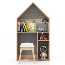 Kids House-Shaped Table & Chair Set Wooden Toy Organizer Cabinet w/ Blackboard