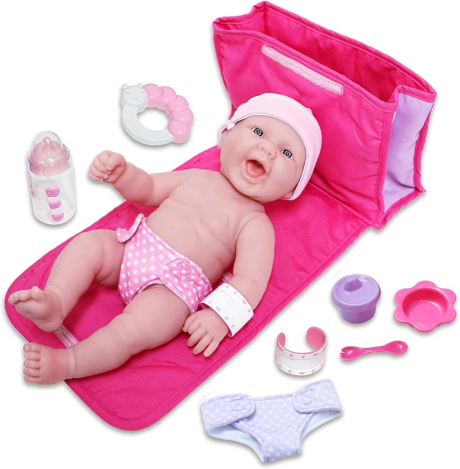 Soft Smooth Vinyl Newborn Baby Doll Changing Diaper Bag Gift Set w/ Mat & Rattle