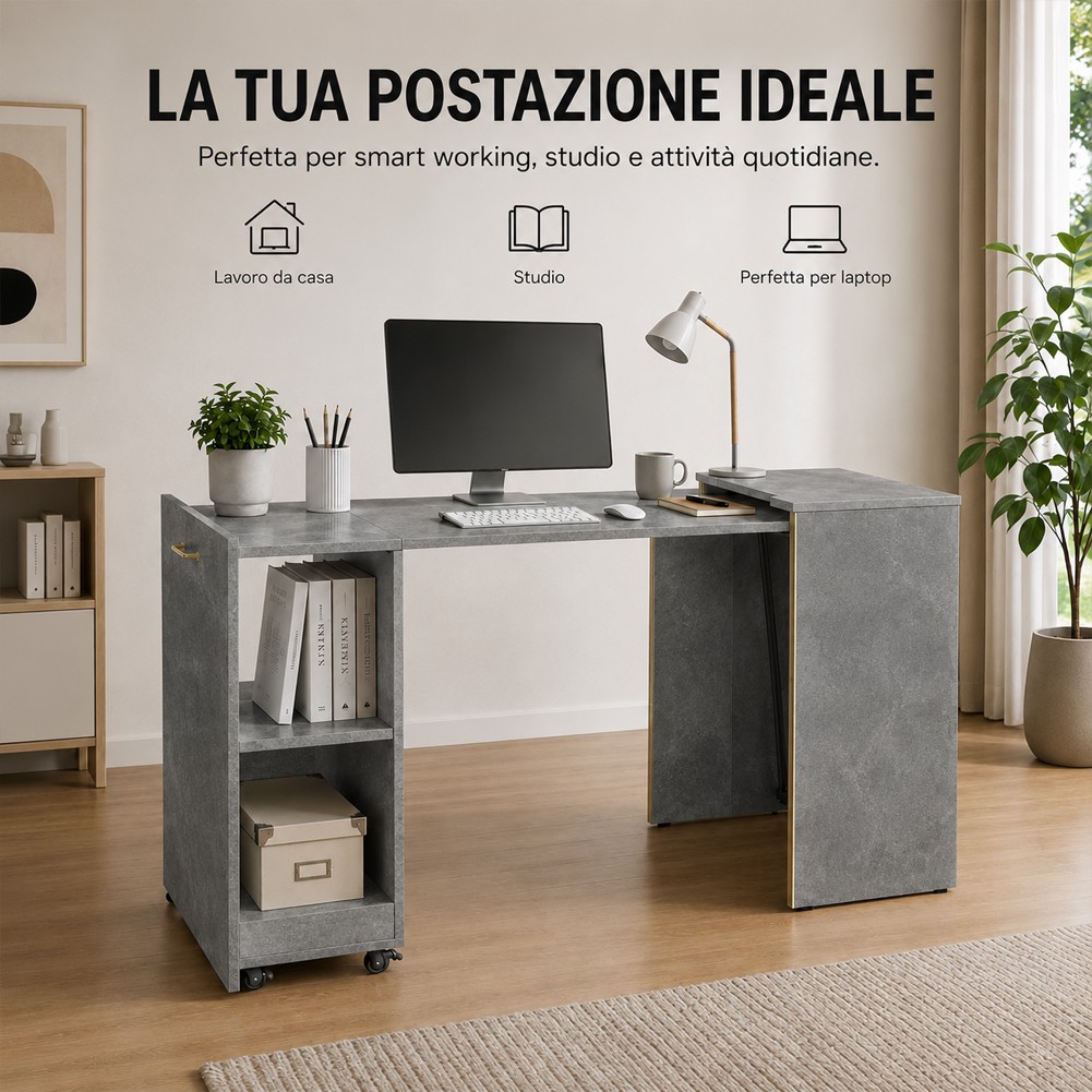 Mobile con Tavolo a Scomparsa Grigio Richiudibile Salvaspazio Scrivania Libreria foto 2