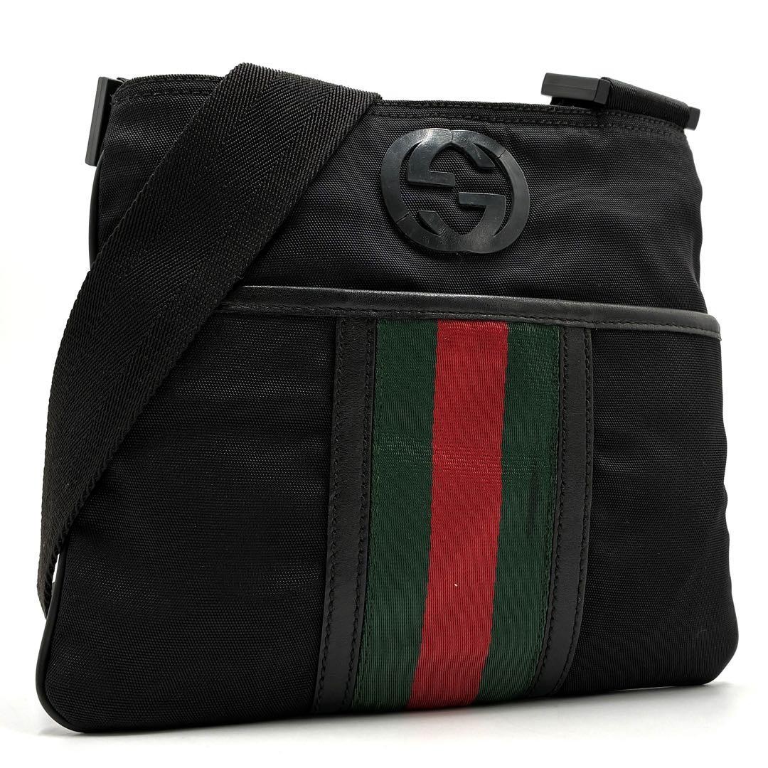 Rare GUCCI Authentic  Shoulder Bag Nylon GG Interlocking Black Ladies Used