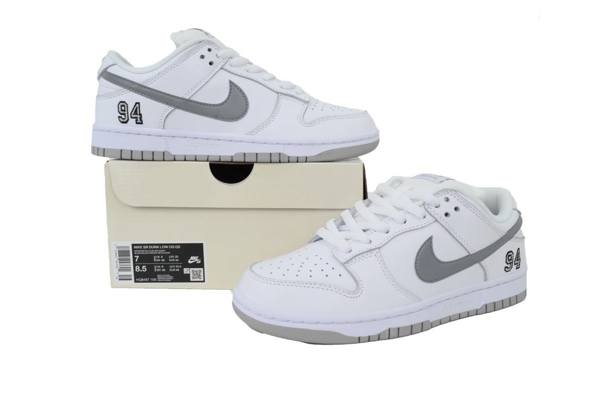 Size 9.5 - Supreme x Nike Dunk SB Low White Metallic Silver for