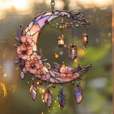 Floral Crescent Moon Acrylic Suncatcher, Stained Glass Inspired Window Hanging