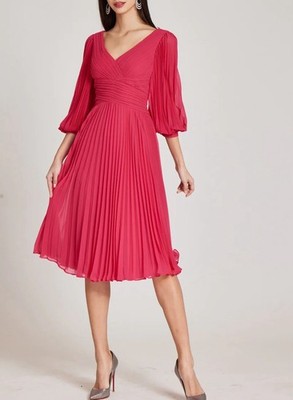 Rickie Freeman For Teri Jon Chiffon Pleated VNeck Midi Gown In Fuchsia Sz 14/16