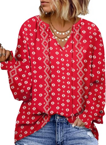 Women Plus Size Summer Tops Long Sleeve V Neck Drawstring Boho Floral Printed...