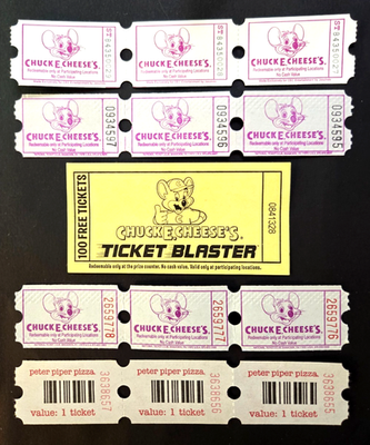 CHUCK E CHEESE TICKETS -3)625GT, 3)630GT, 3)622GT,3)P102GT, 1)TB2