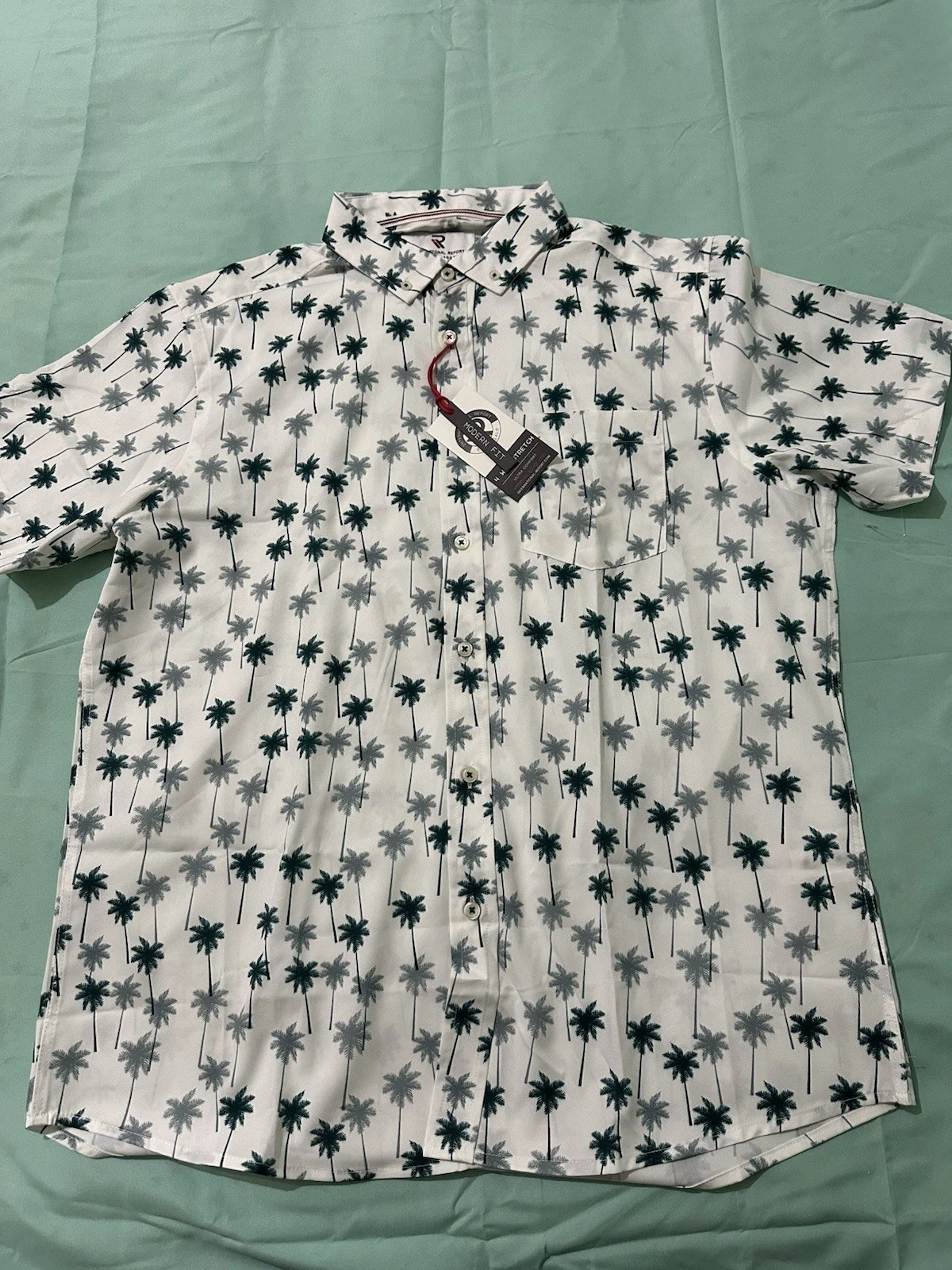 Short Sleeve Green Palm Trees Printed Button-Up Shirt L