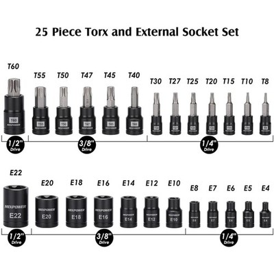 Professional Grade Torx Bit and E-Torx Socket Set, 25-Piece