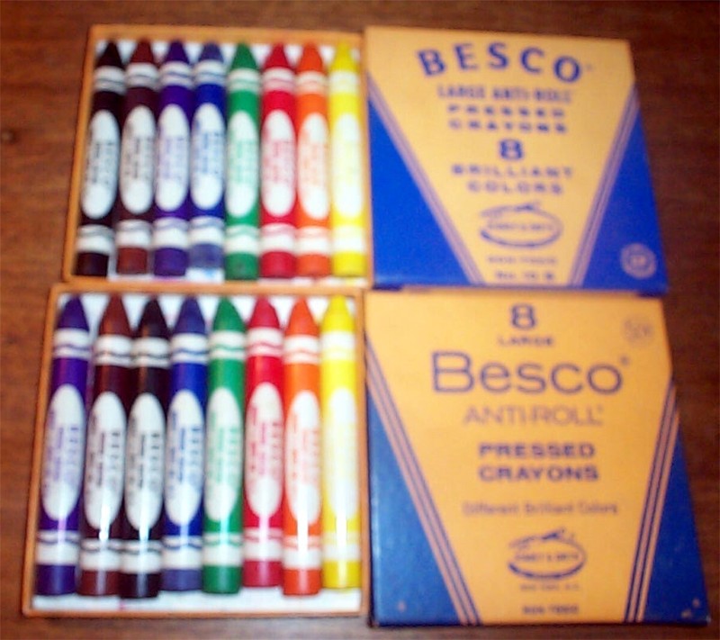 Binney And Smith 2 BESCO 8 Large Anti-Roll Pressed Crayons Boxed 1960-70's