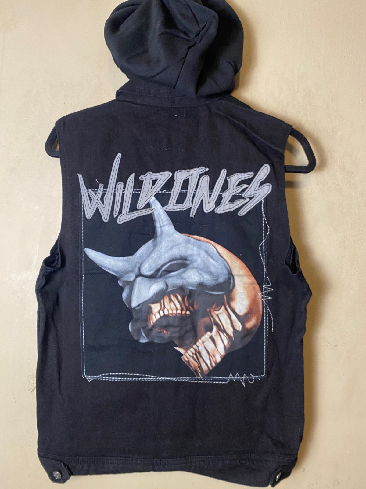 Negro Velo Novias Salvajes Calavera Cuernos Máscara Sudadera con Capucha Jean Chaqueta Chaleco Talla S Roca