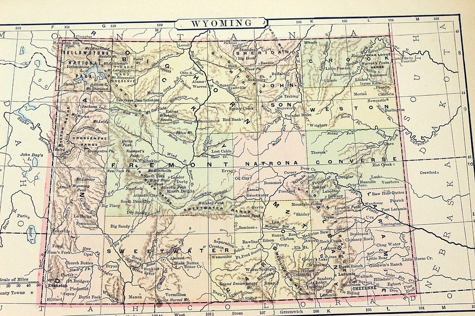 Mapa del estado de WYOMING 1898 litografía coloreada a mano 10,75 x 7,25 Foto 2 de 2
