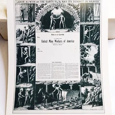 1899 United Mine Workers Union Membership Certificate 11x14" Print Poster 8R