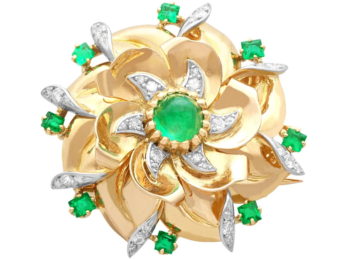 1.70ct Emerald 0.39ct Diamond 18ct Yellow Gold Brooch Vintage