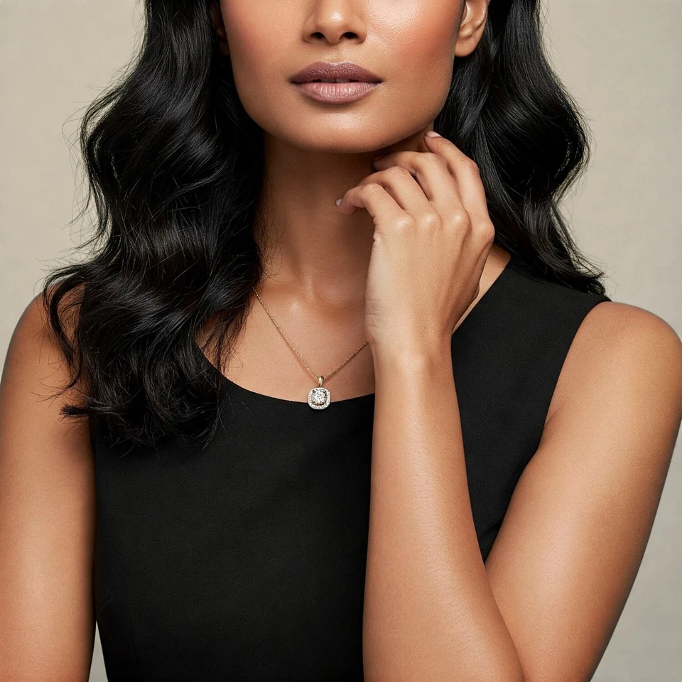 14K Real Solid Yellow Gold Cushion-Cut Halo CZ Pendant Charm Necklace 18 in - Image 2 of 4