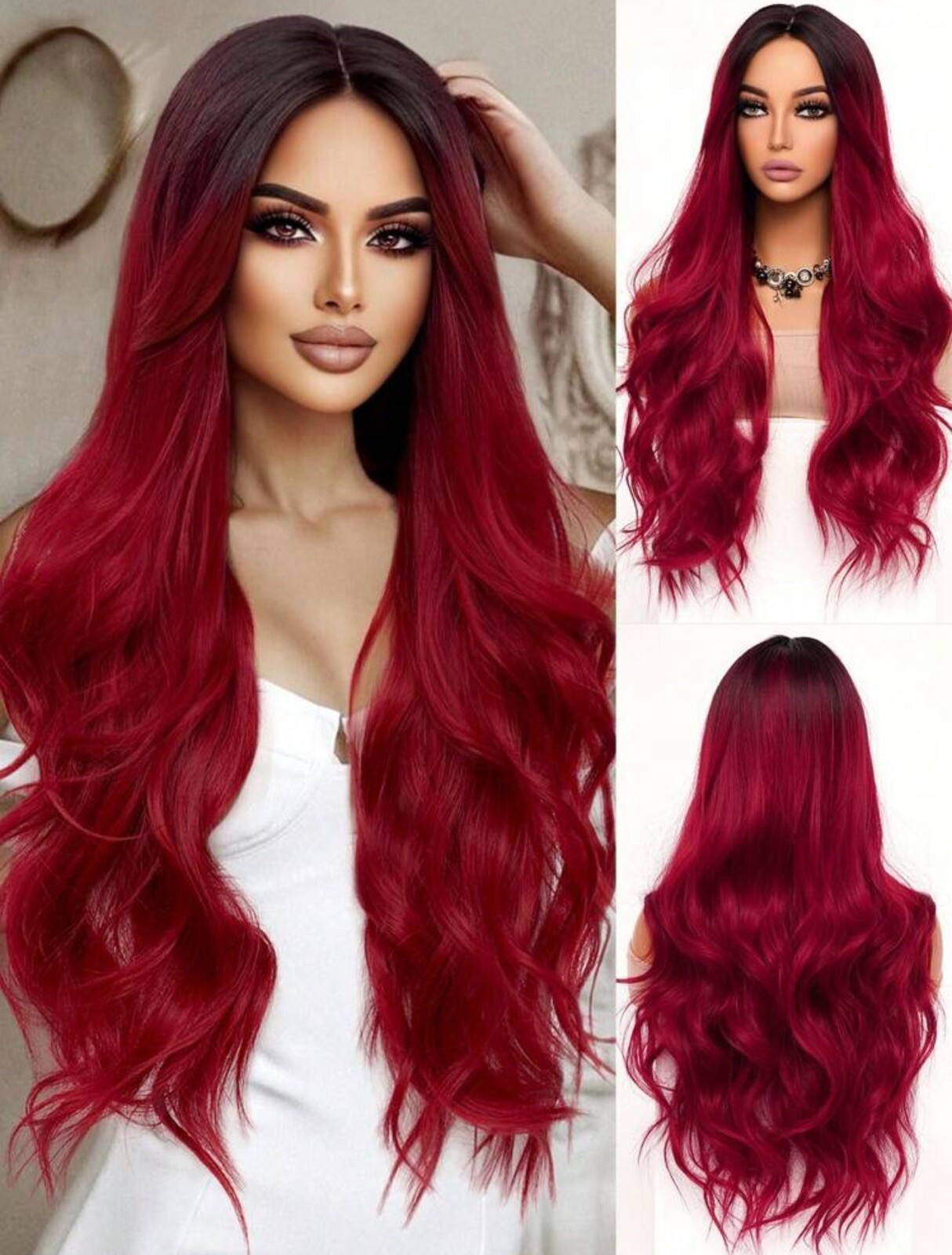 Perruque synthétique rouge foncé longue et bouclée haute résistance thermique pour femme