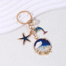 New Glitter Dolphin Starfish Conch Pearl Charm Keychain Key Ring Bag Backpack