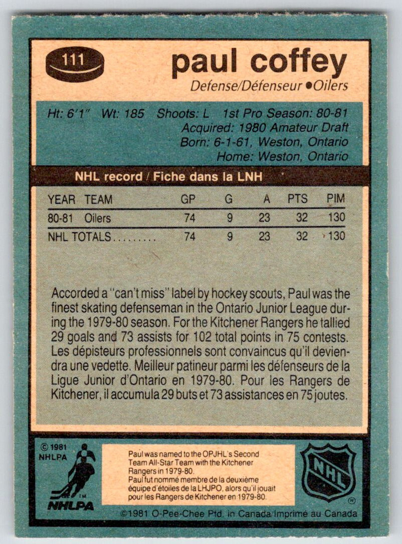 198182 OPeeChee Paul Coffey Rookie Card 111 NRMT Hockey Card eBay