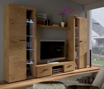 Schrankwand RUMBA XL mit oder ohne LED-Beleuchtung Breite 300cm Eiche Lefkas