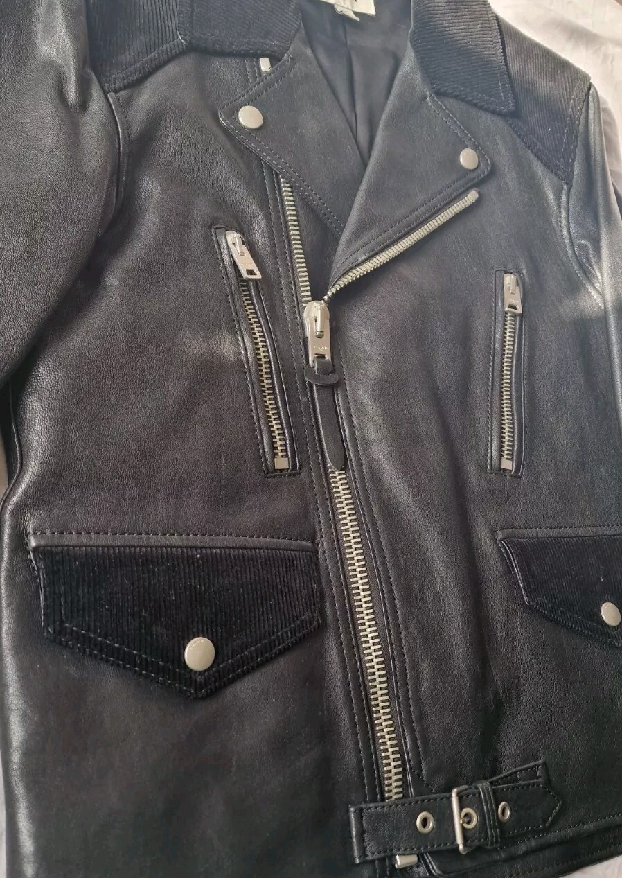 RRP £1,500! DESIGNER COACH Red Buffalo Check Mashup Leather Biker Jacket image 5
